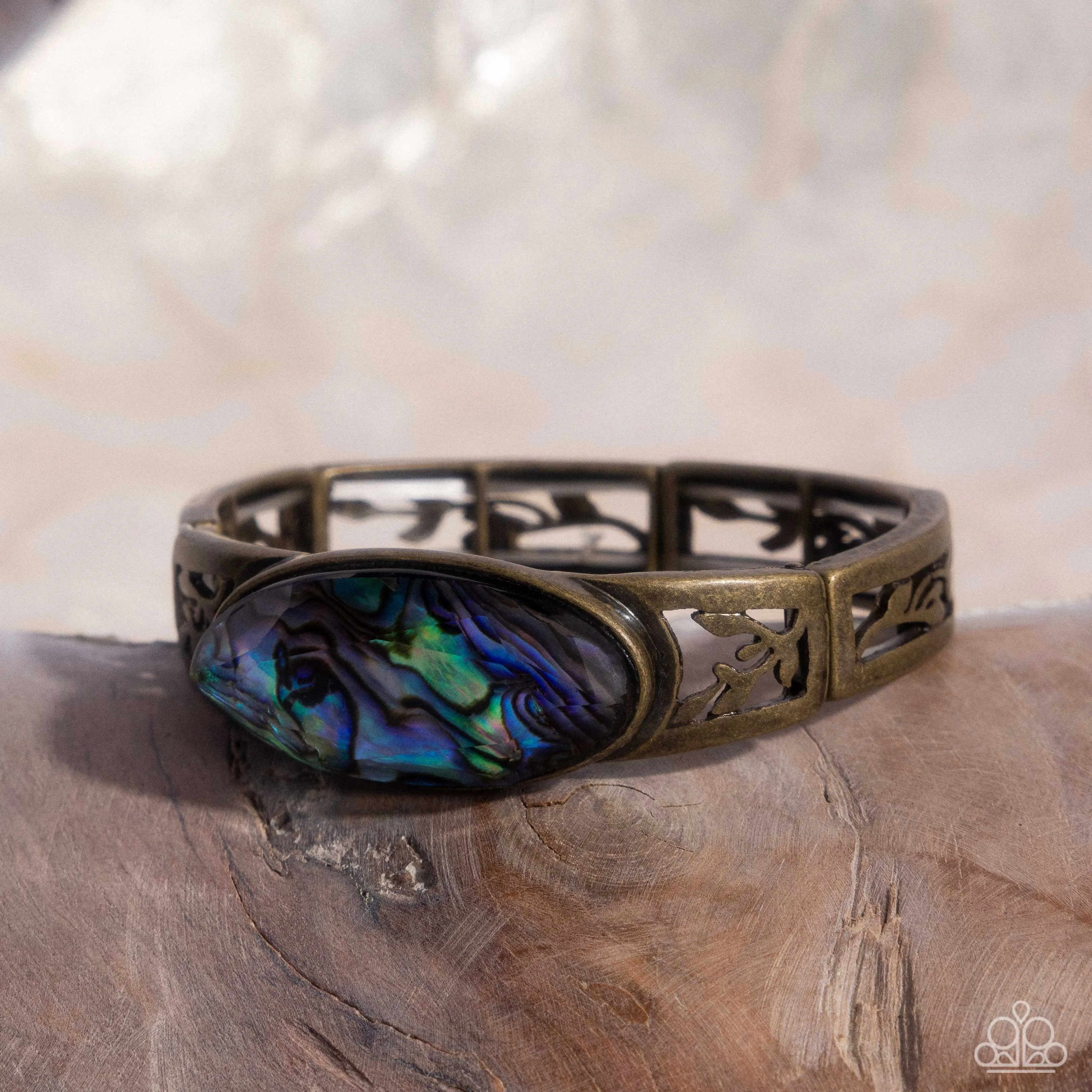 Spliced Santa Fe - Brass - Vine Frame Abalone Shell Paparazzi Stretchy Paparazzi Bracelet