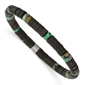 Stainless Steel Brushed Green Sediment/Black Agate Stretch Bracelet