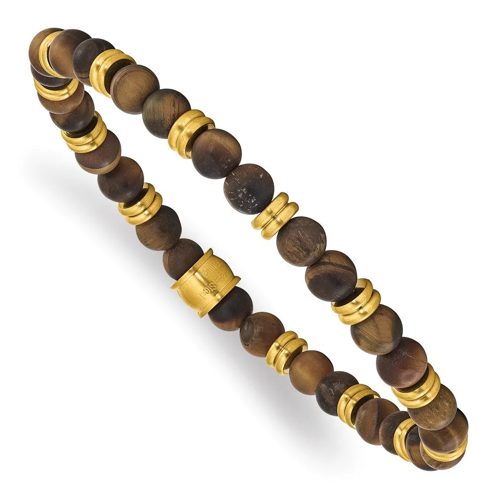 Stainless Steel Brushed Yellow IP-plated Tiger's Eye Stretch Bracelet