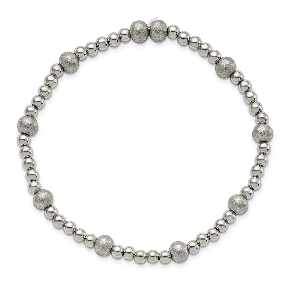 Stainless Steel Polished Sandblasted Beaded Stretch Bracelet