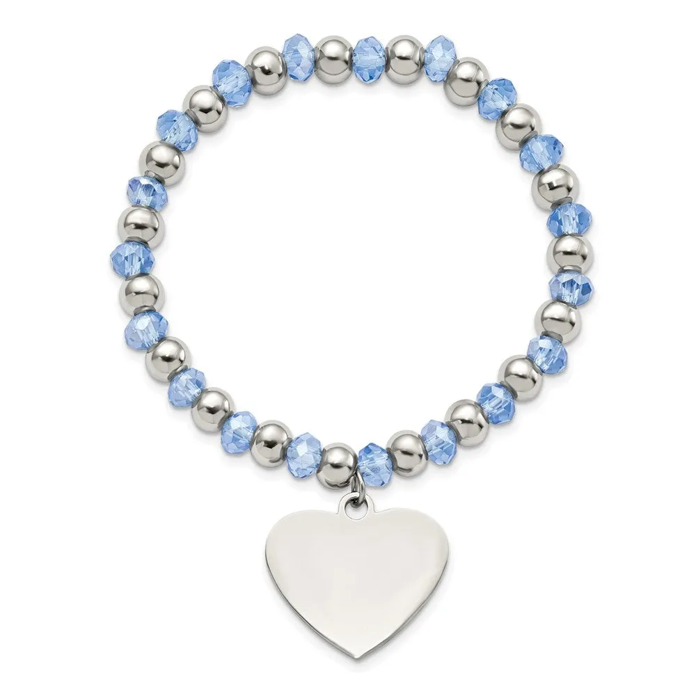 Stainless Steel Polished w/Blue Glass Beads Heart Dangle Stretch Bracelet