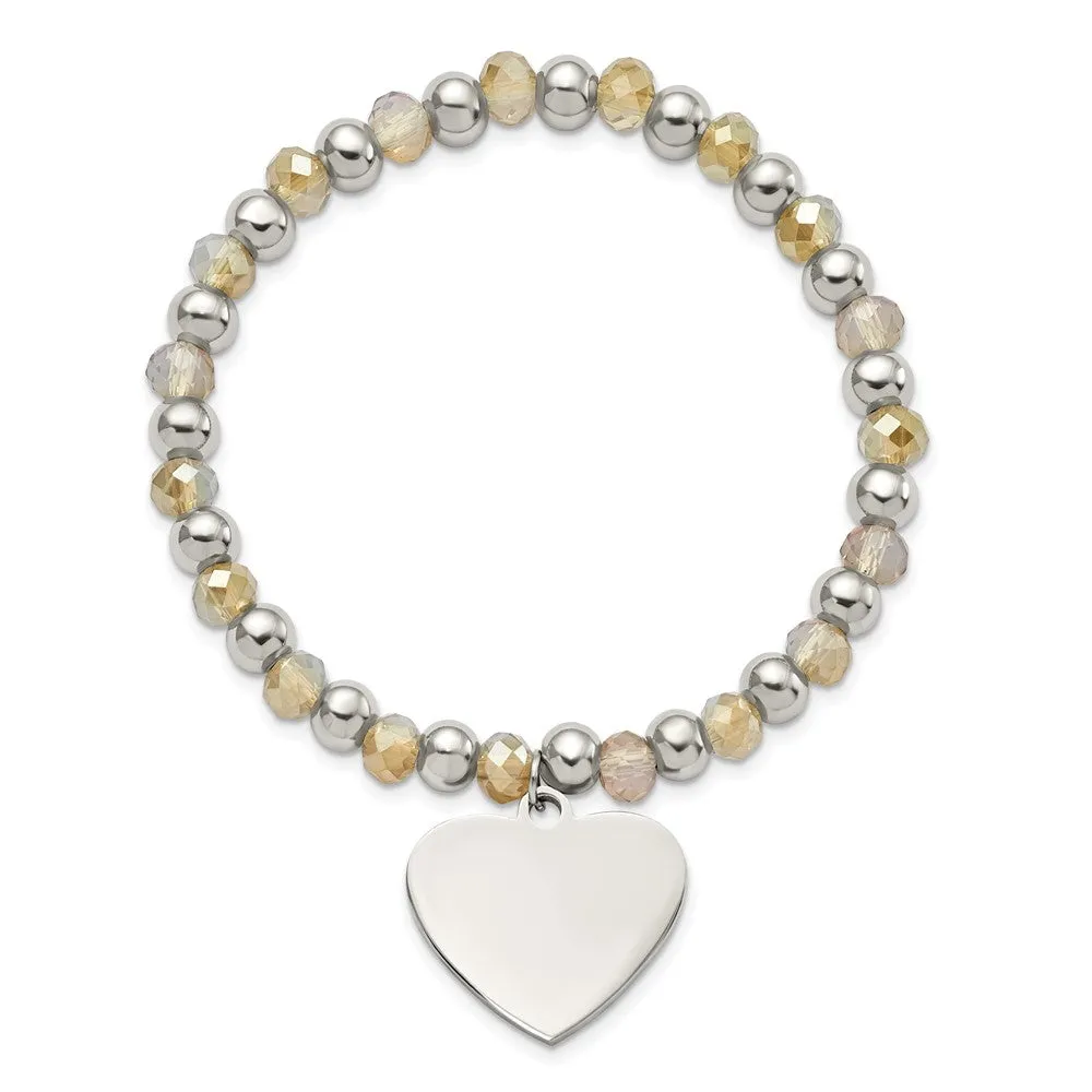 Stainless Steel Polished with Glass Beads Heart Dangle Stretch Bracelet