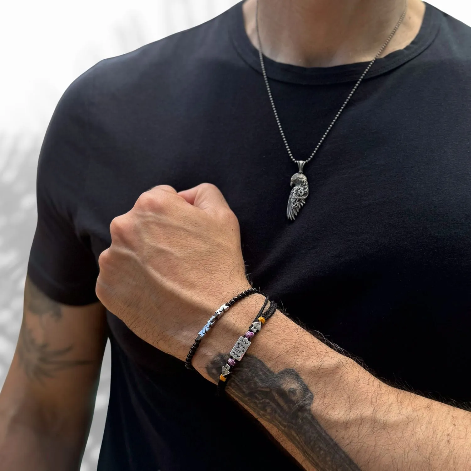 Sterling Silver Ambition Symbol Black Woven Bracelet