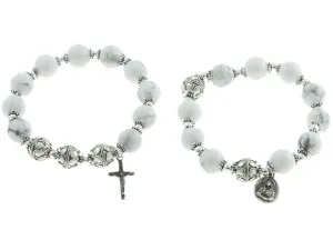 Sterling Silver Double Elastic Rosary Bracelet, Howlite 10mm Beads