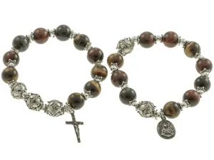 Sterling Silver Double Elastic Rosary Bracelet, Multi-Color Tiger Eyes 10mm