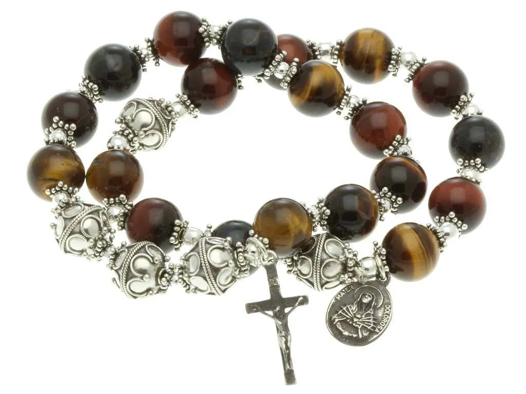 Sterling Silver Double Elastic Rosary Bracelet, Multi-Color Tiger Eyes 10mm