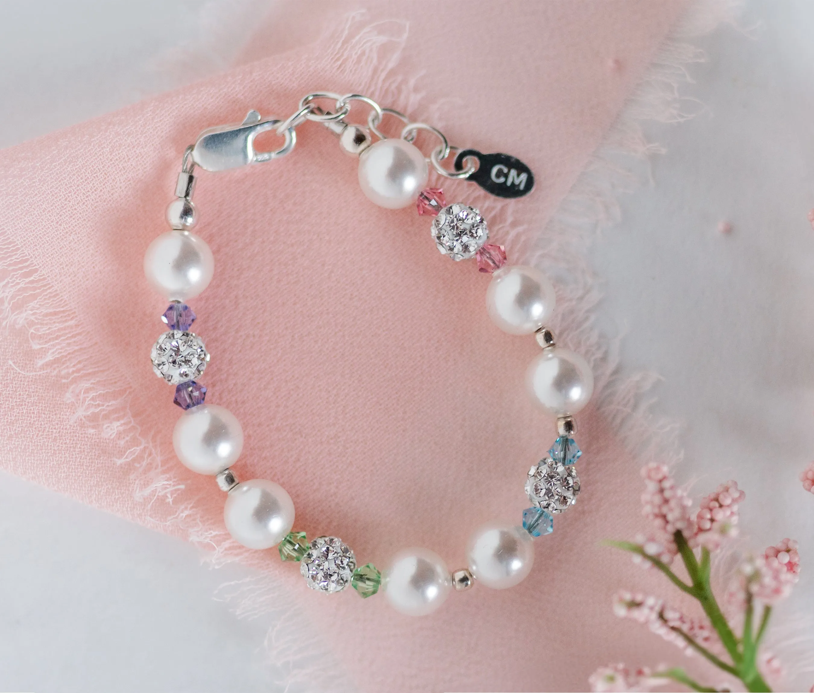 Sterling Silver Pearl Rainbow Bracelet for Kids and Little Girls