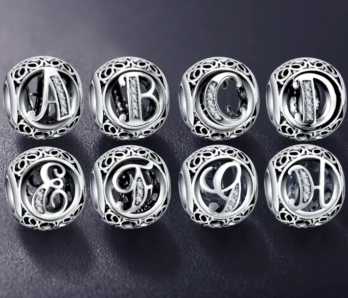 Sterling Silver Vintage Clear Letter Bead Charms | Fit Pandora Women Charm Bracelets Silver Jewelry