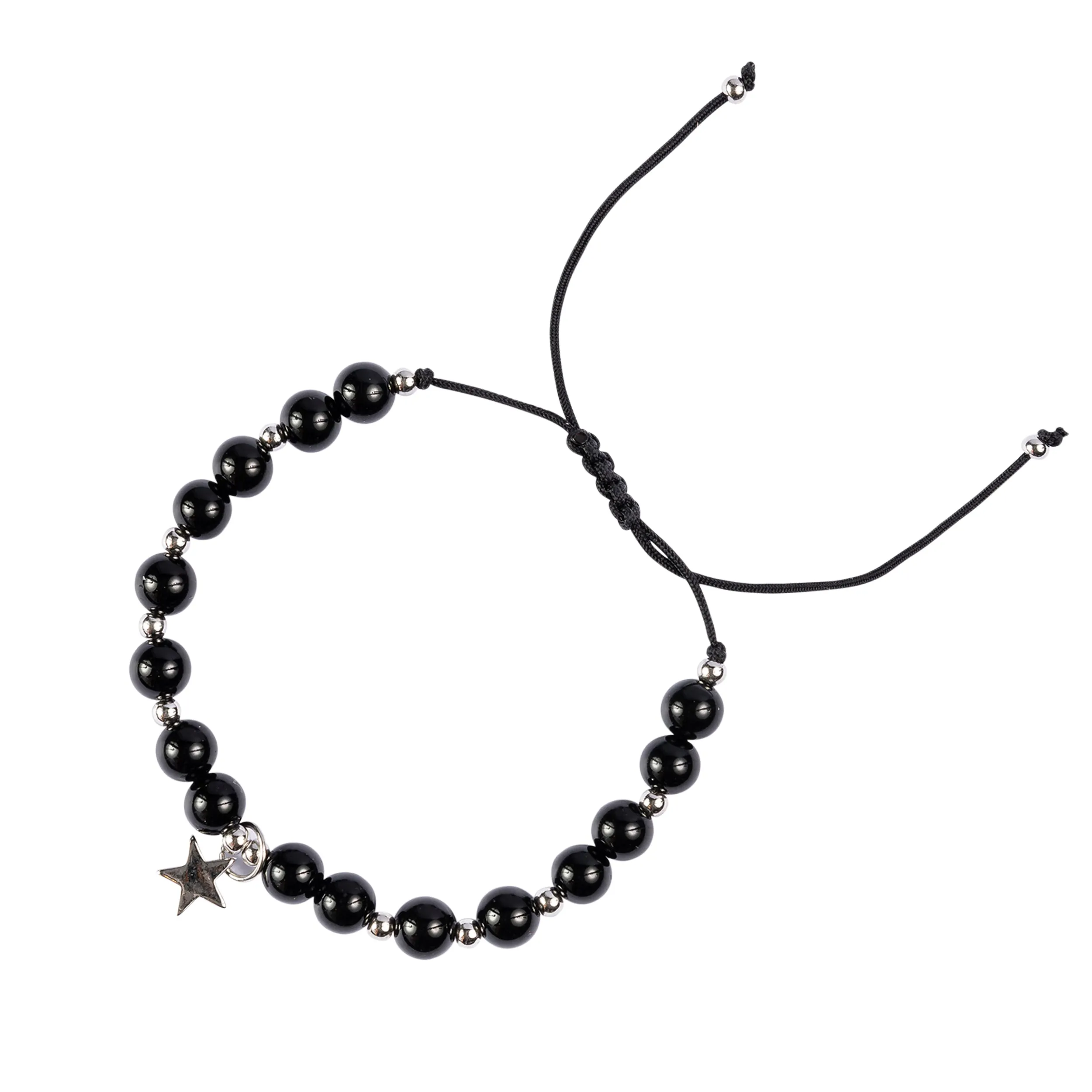 STONE BEAD BRACELET 6 MM SHINY BLACK W/SILVER