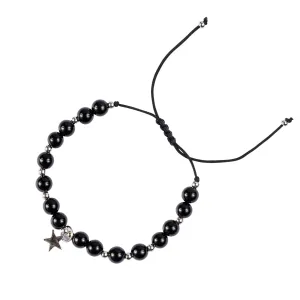 STONE BEAD BRACELET 6 MM SHINY BLACK W/SILVER