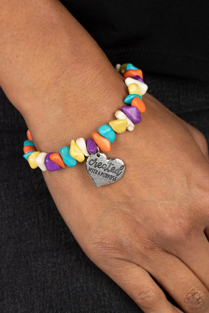 Stony-Hearted - Multi - Stone Bead Heart "Created with a Purpose" Inspirational Paparazzi Stretchy Bracelet