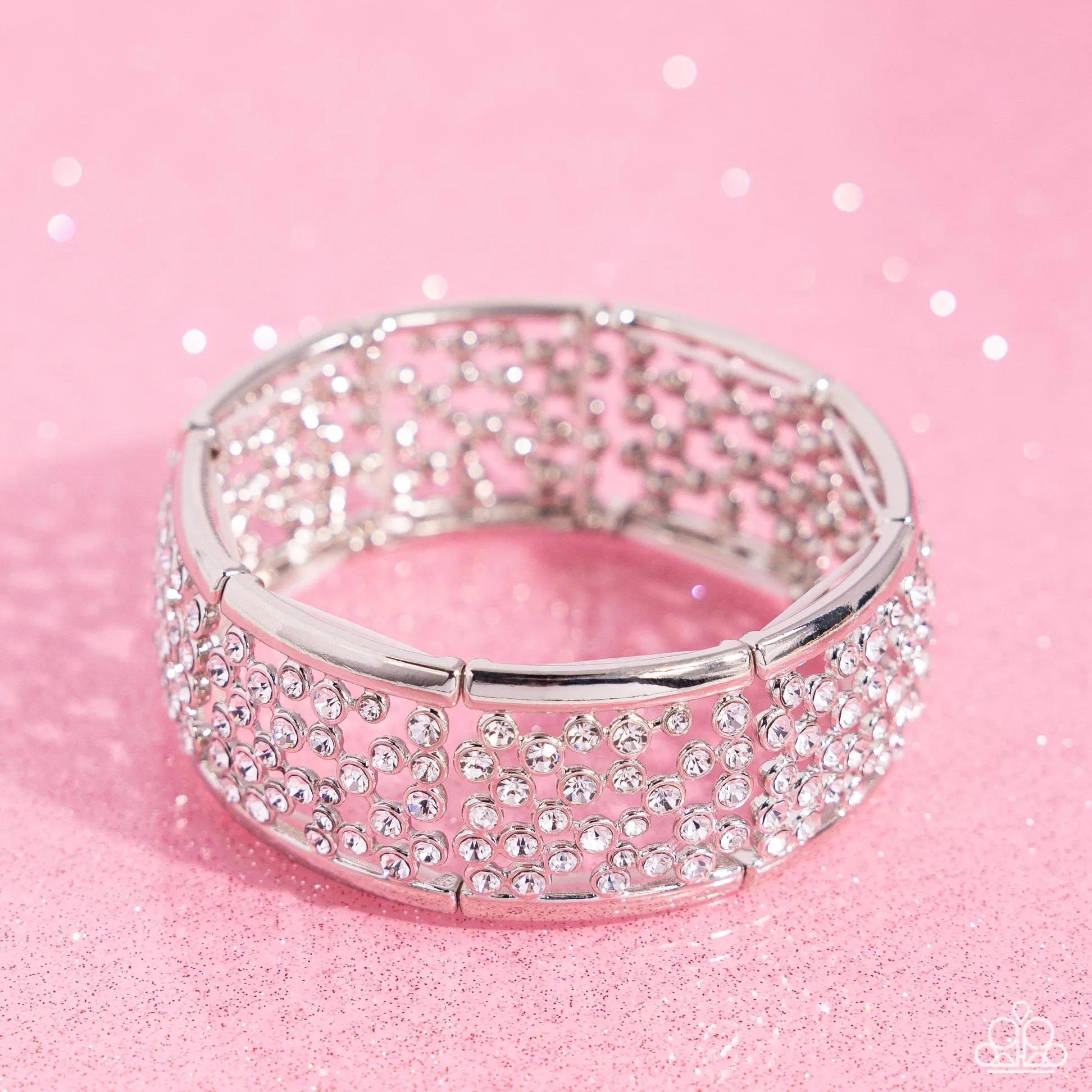 Subtly Scattered - White - Rhinestone Paparazzi Stretchy Bracelet - 2024 Empower Me Pink Exclusive