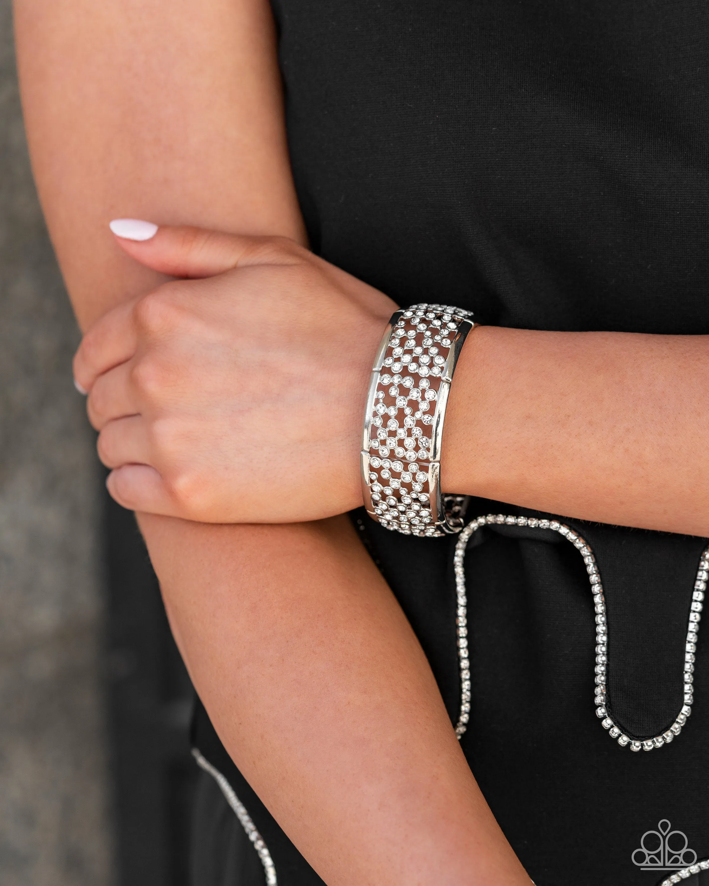 Subtly Scattered - White - Rhinestone Paparazzi Stretchy Bracelet - 2024 Empower Me Pink Exclusive