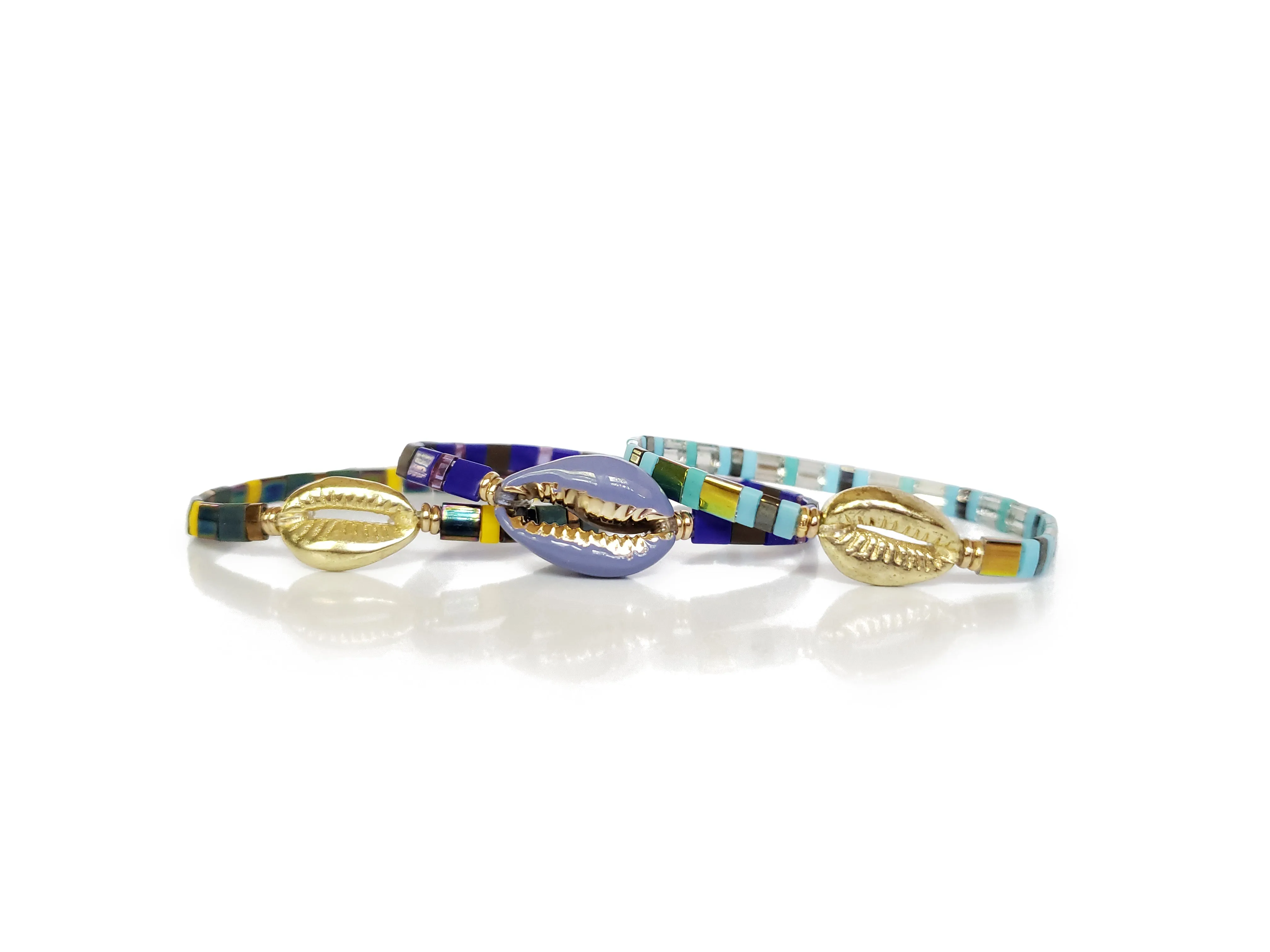 Summer Blues Cowrie Shell Stretch Bracelet Set Of 3
