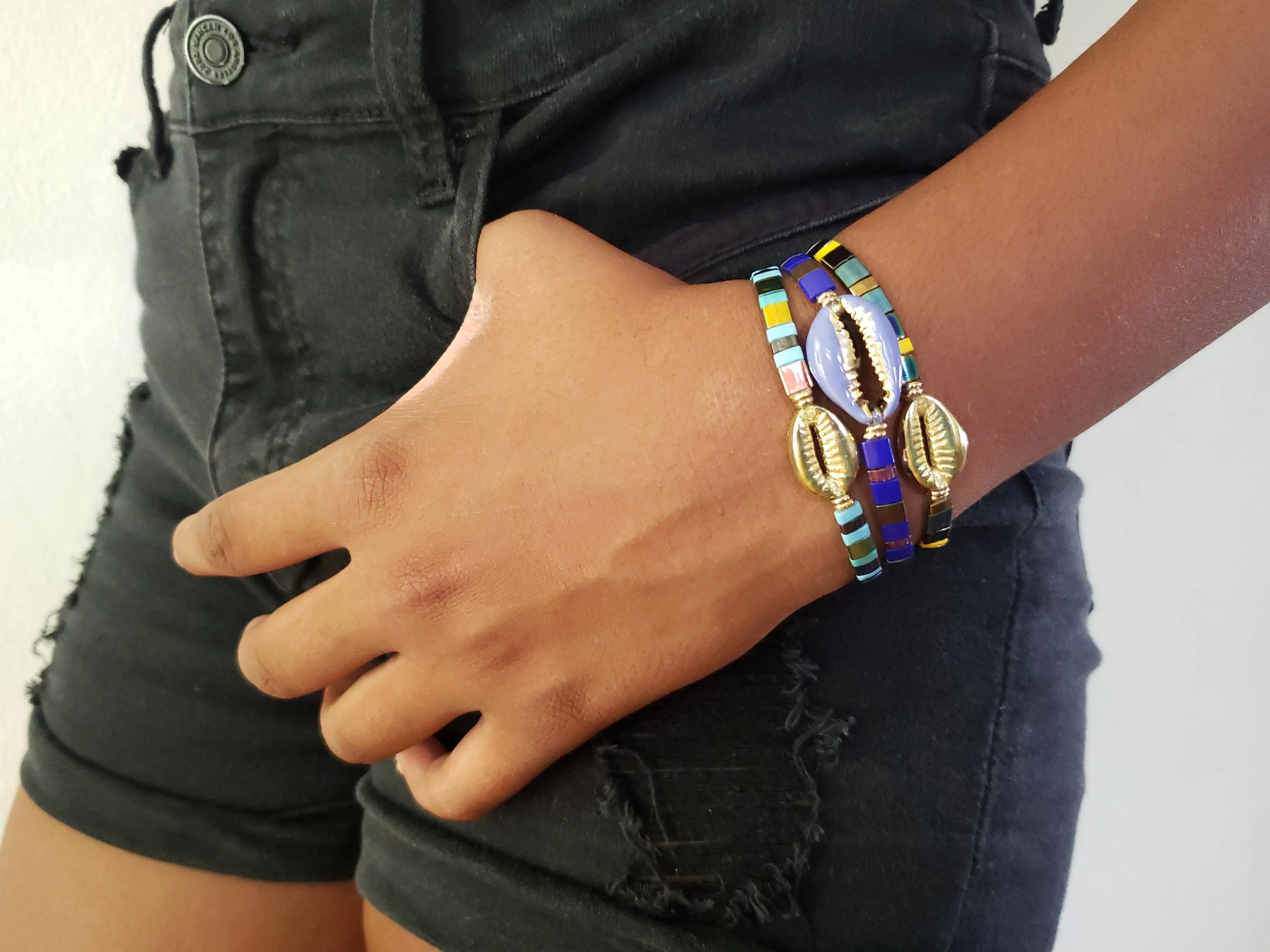 Summer Blues Cowrie Shell Stretch Bracelet Set Of 3