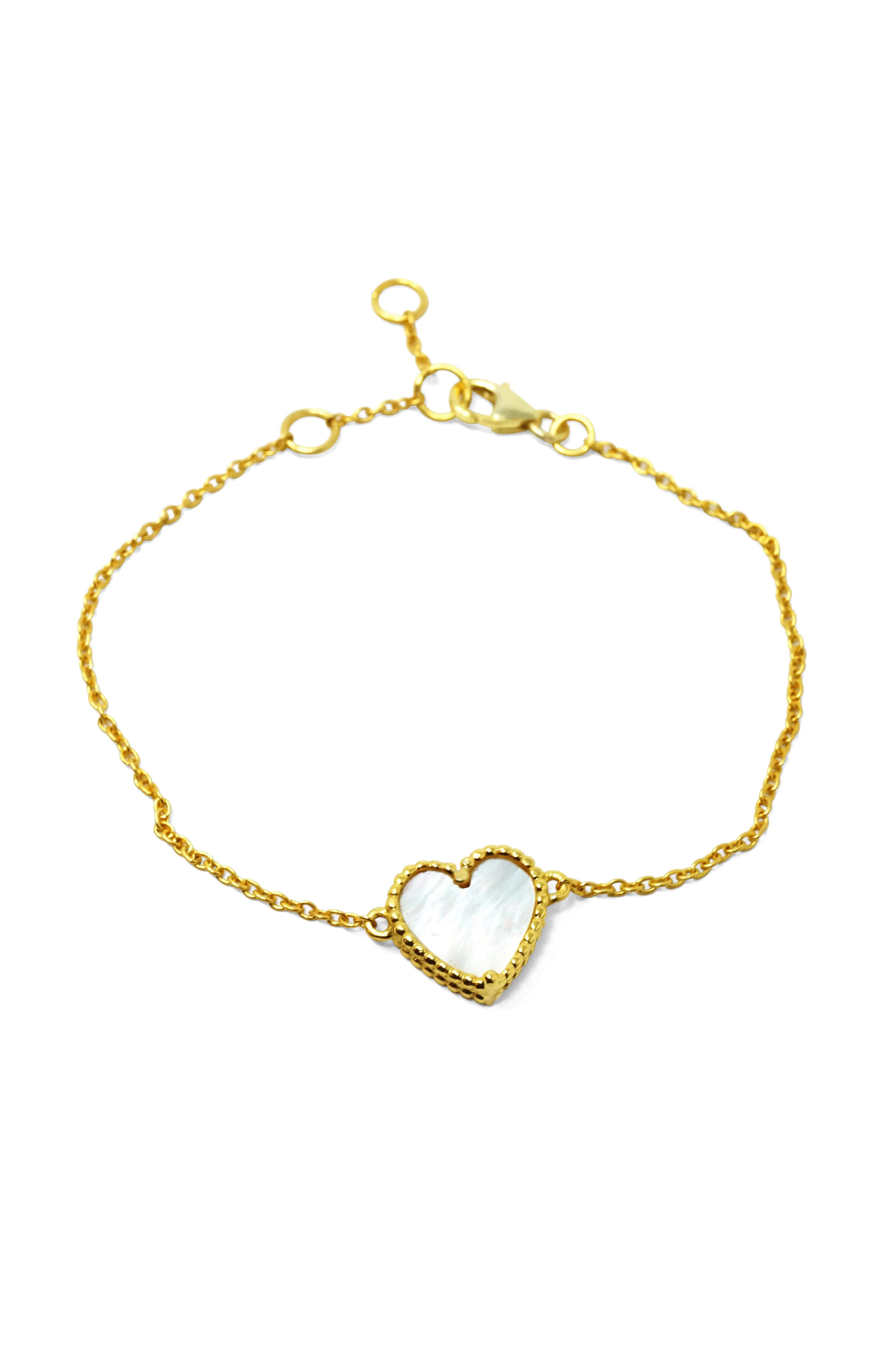 Sweet Heart Mother Of Pearl Gold Plated Sterling Silver Chain Bracelet