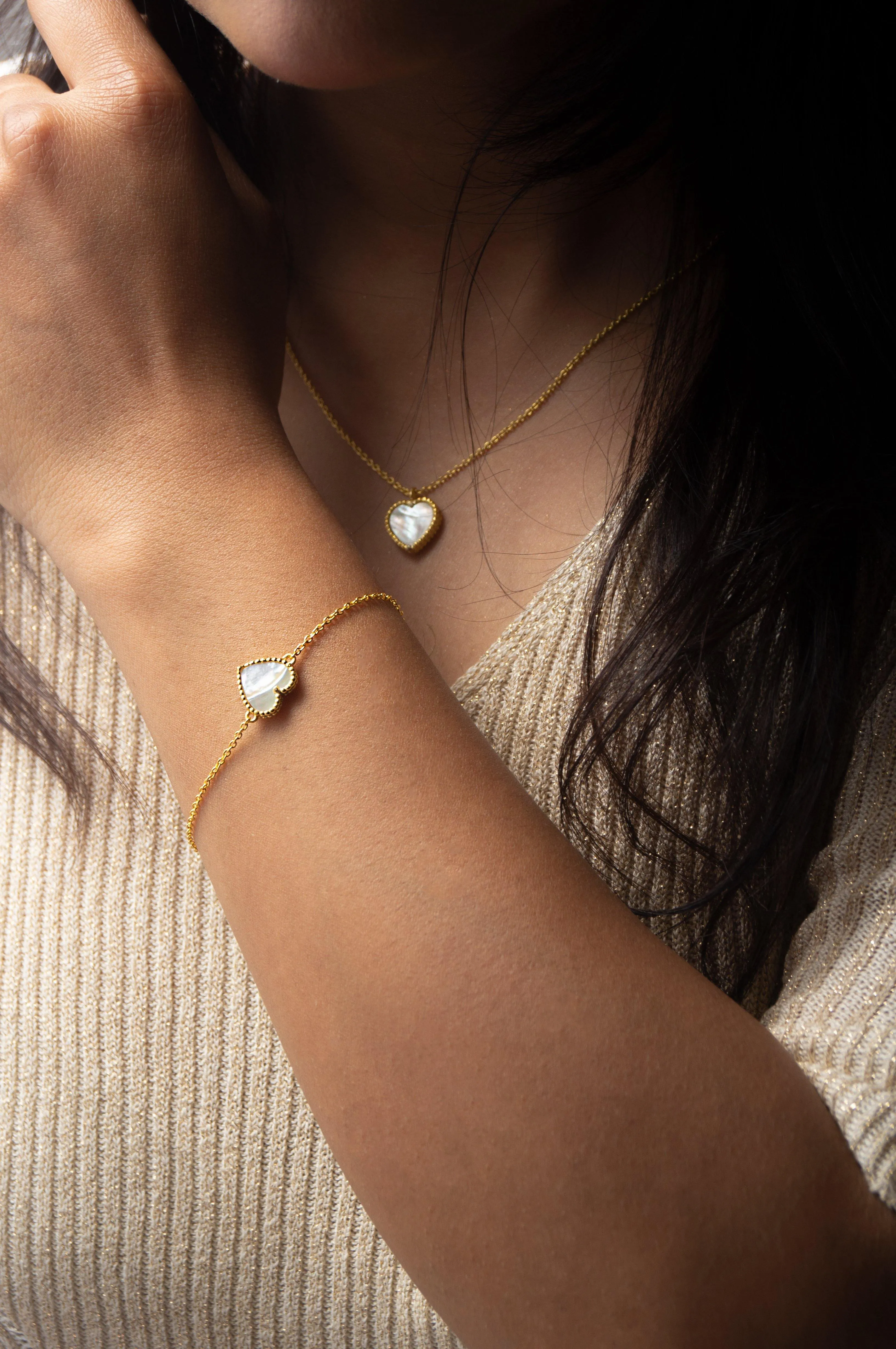 Sweet Heart Mother Of Pearl Gold Plated Sterling Silver Chain Bracelet