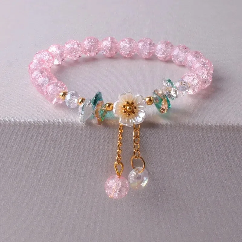 Sweet Vintage Pearl Lily Tulip Flower Bracelet for Women Fashion Korean Cute Tassel Peach Pendant Bracelets Aesthetic Jewelry