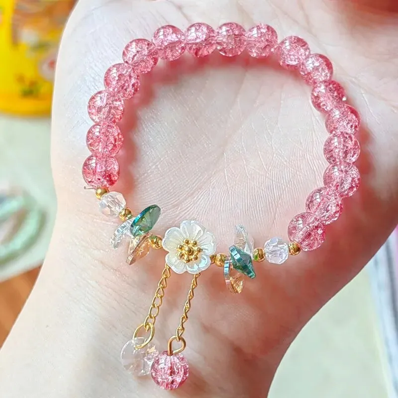 Sweet Vintage Pearl Lily Tulip Flower Bracelet for Women Fashion Korean Cute Tassel Peach Pendant Bracelets Aesthetic Jewelry