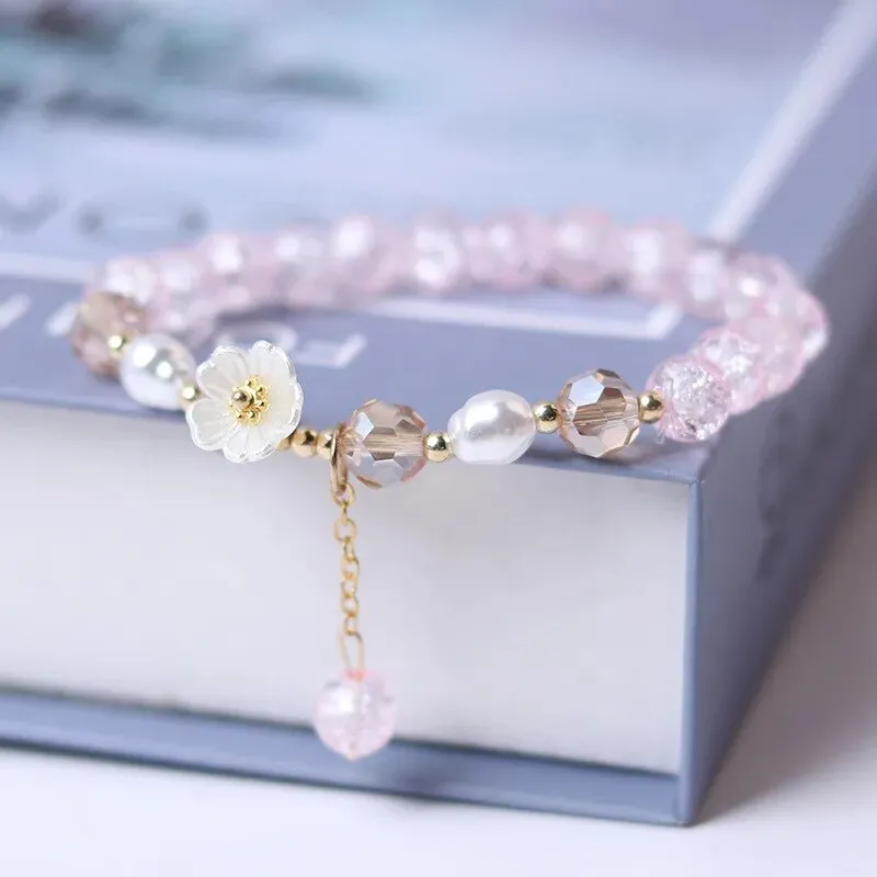 Sweet Vintage Pearl Lily Tulip Flower Bracelet for Women Fashion Korean Cute Tassel Peach Pendant Bracelets Aesthetic Jewelry