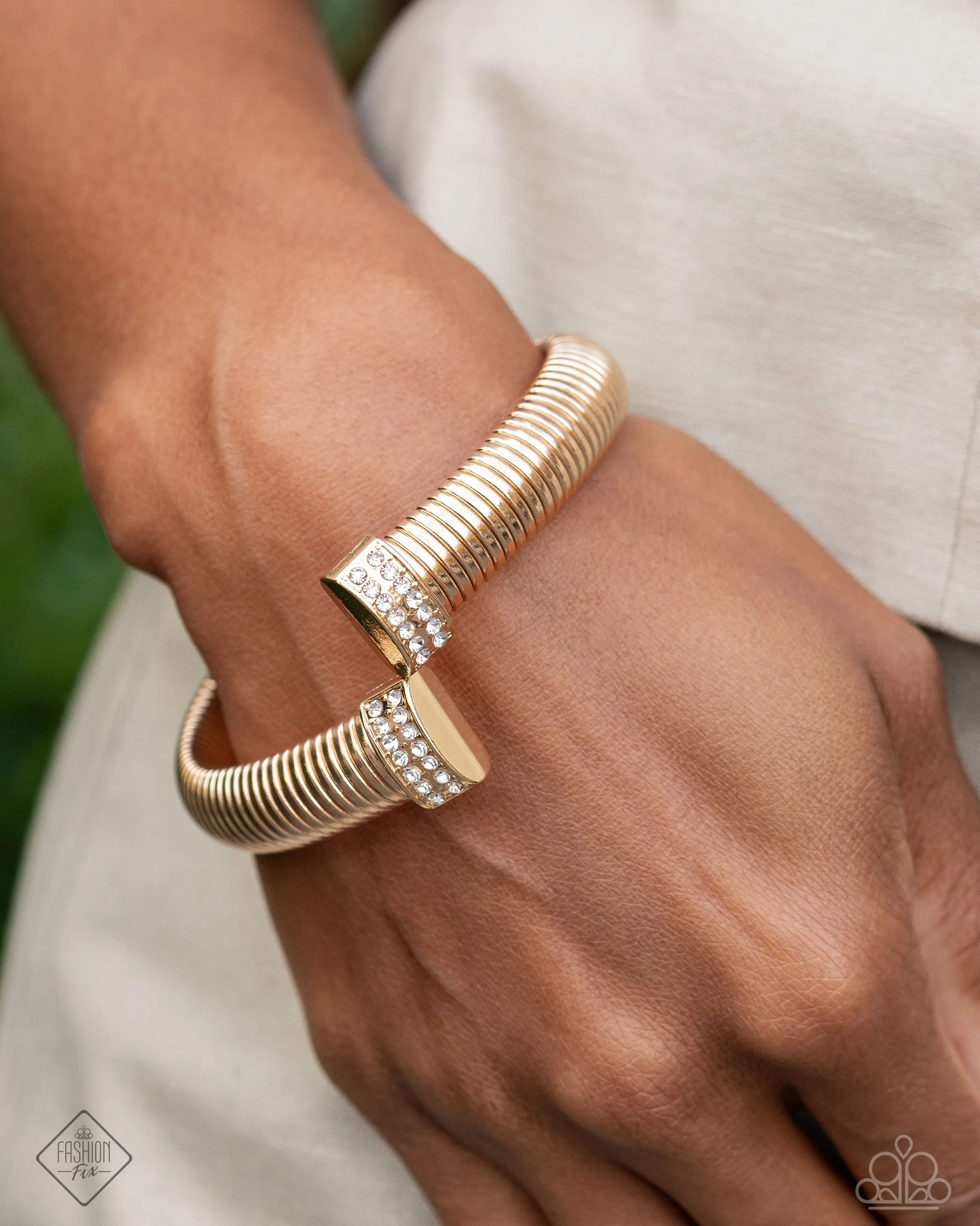 Tailored Transit - Gold & White Rhinestone Flex Cuff Bracelet - December 2024 Fiercely 5th Avenue