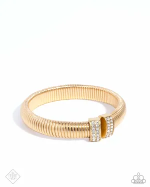 Tailored Transit - Gold & White Rhinestone Flex Cuff Bracelet - December 2024 Fiercely 5th Avenue