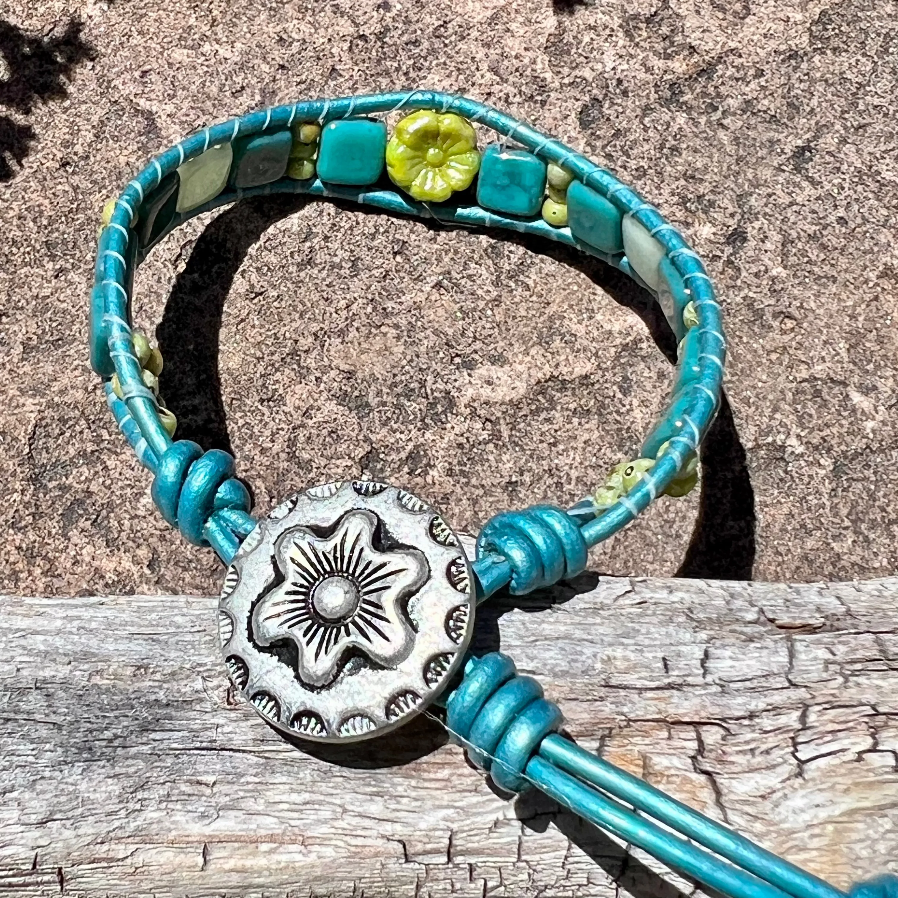 Teal and green tiny hibiscus flower bracelet
