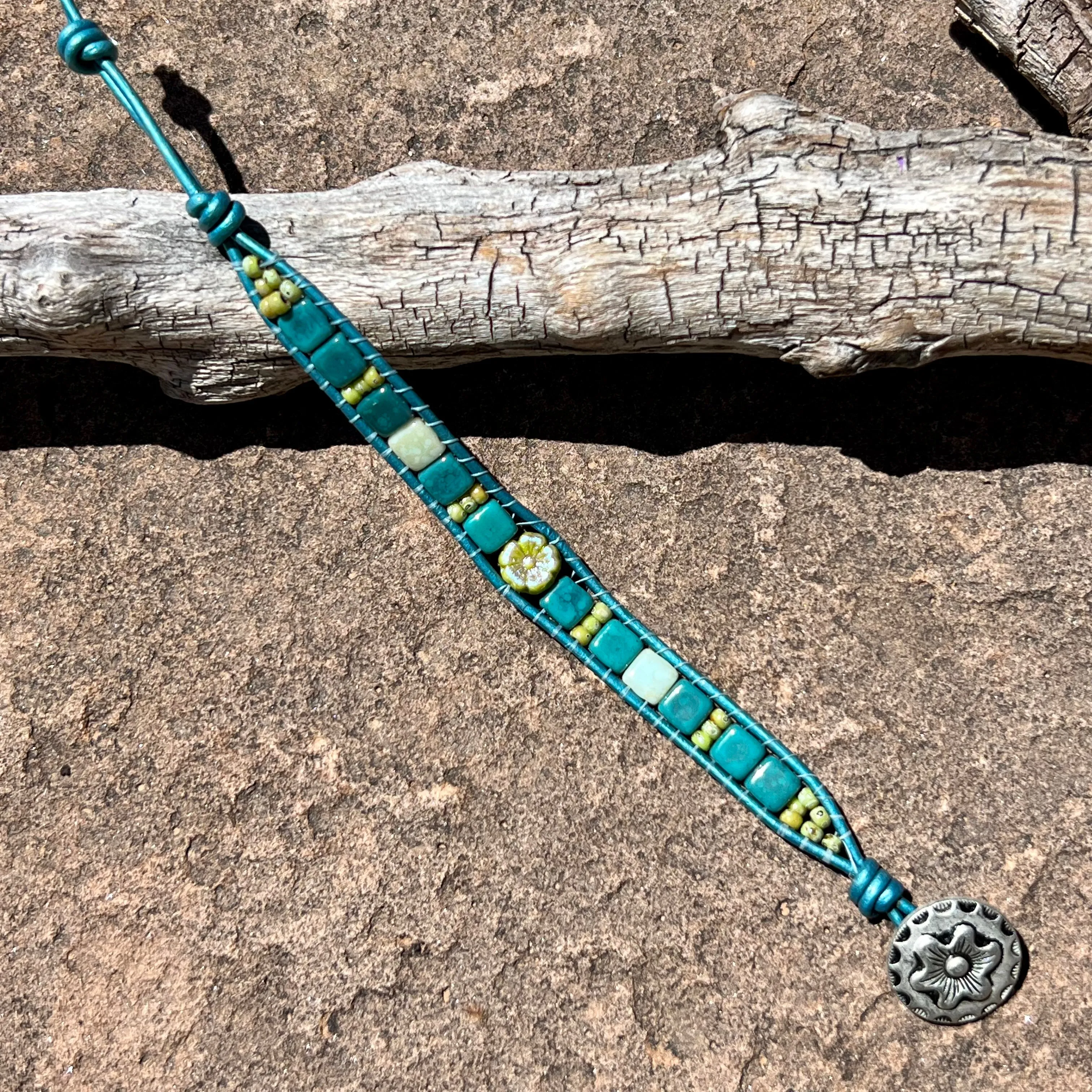 Teal and green tiny hibiscus flower bracelet