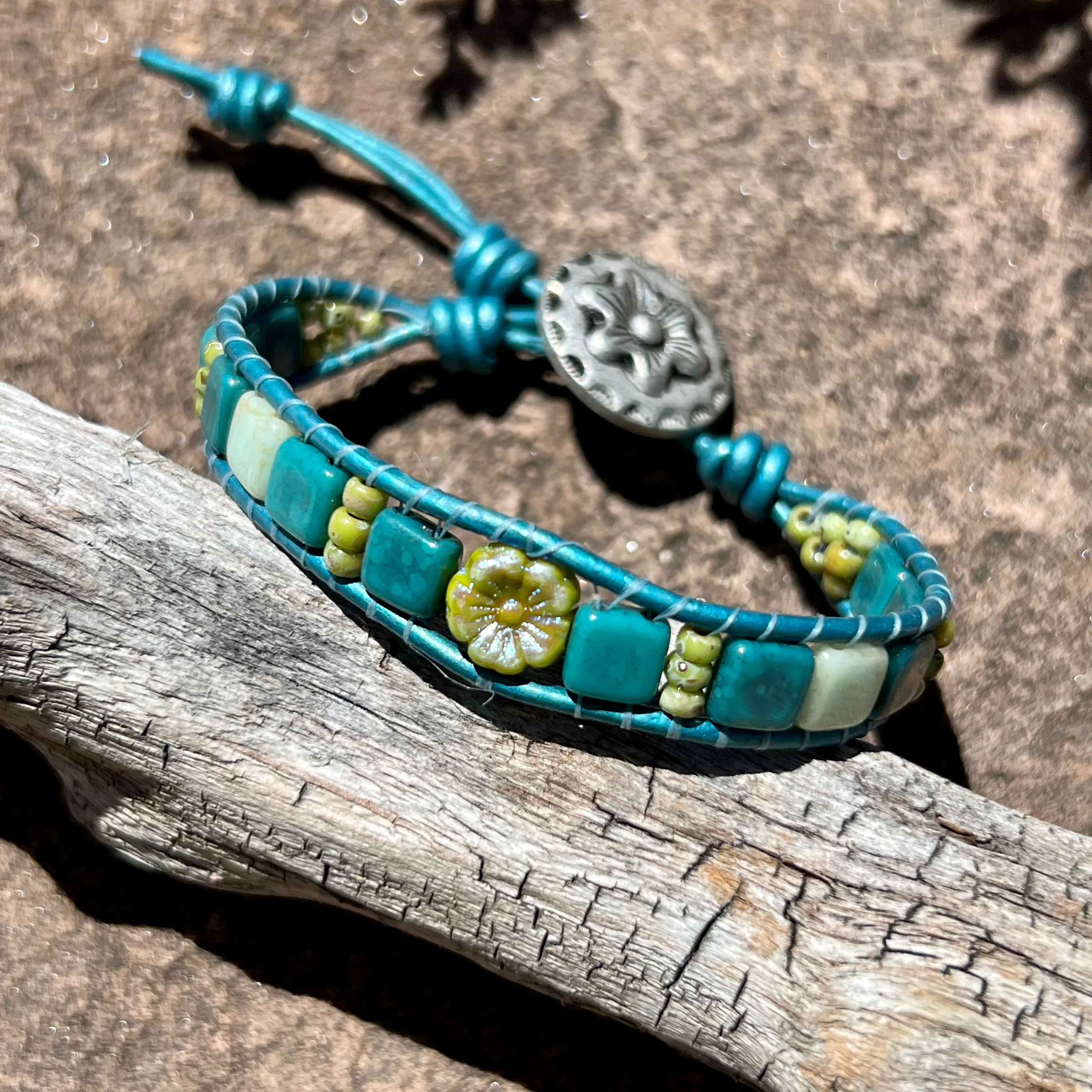 Teal and green tiny hibiscus flower bracelet
