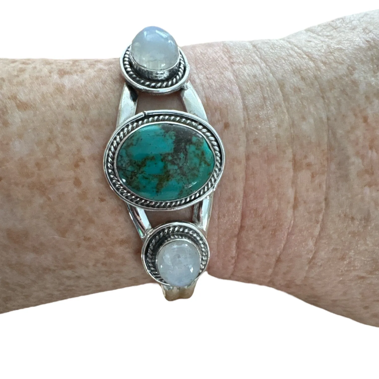 Tibetan Turquoise & Moonstone Solid 925 Sterling Silver Cuff Bracelet