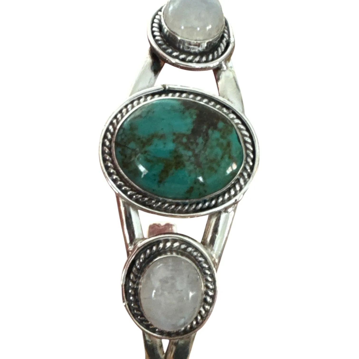 Tibetan Turquoise & Moonstone Solid 925 Sterling Silver Cuff Bracelet