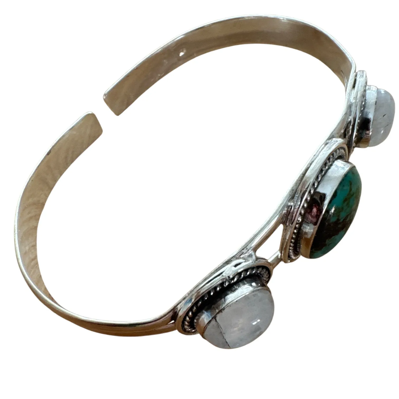 Tibetan Turquoise & Moonstone Solid 925 Sterling Silver Cuff Bracelet
