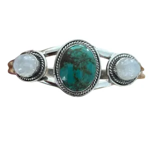 Tibetan Turquoise & Moonstone Solid 925 Sterling Silver Cuff Bracelet