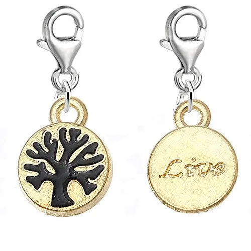 Tree Print Live Carved Bead Clip on Pendant for European Charm Jewelry w/ Lobster Clasp