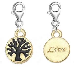 Tree Print Live Carved Bead Clip on Pendant for European Charm Jewelry w/ Lobster Clasp