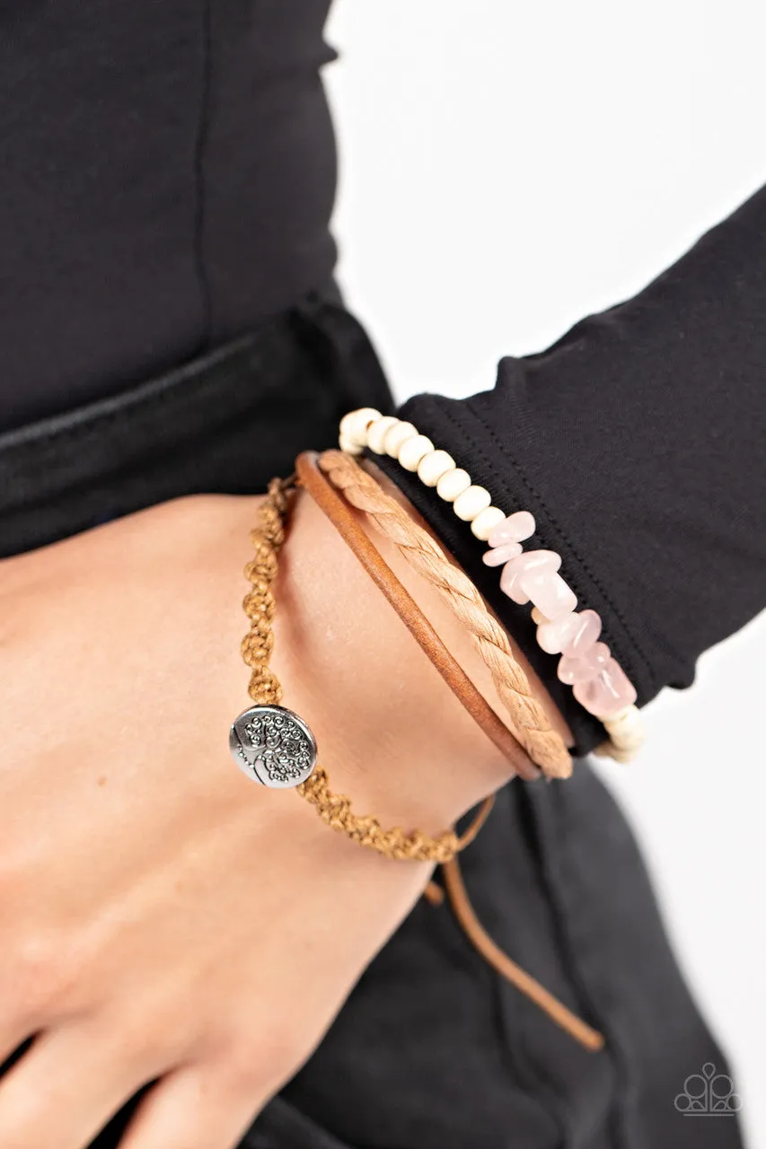 Treetop Trail Guide - Pink - Brown Suede Rose Quartz Stone Paparazzi Pull-Cord Bracelet