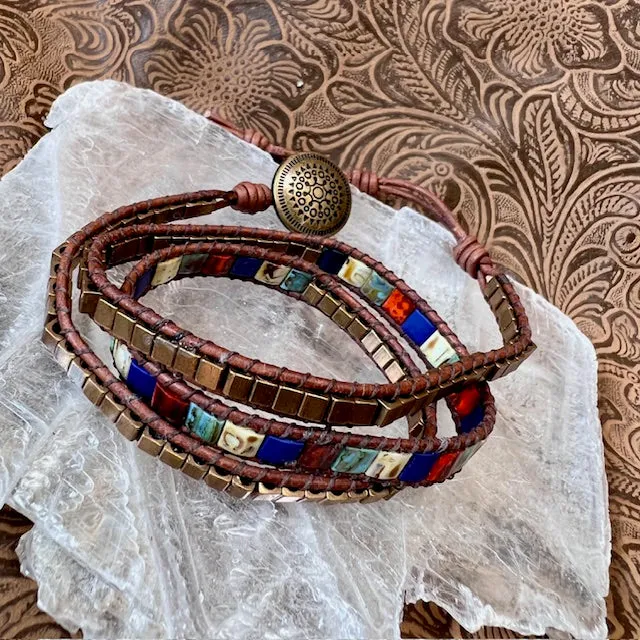 Triple wrap bracelet with brass beads