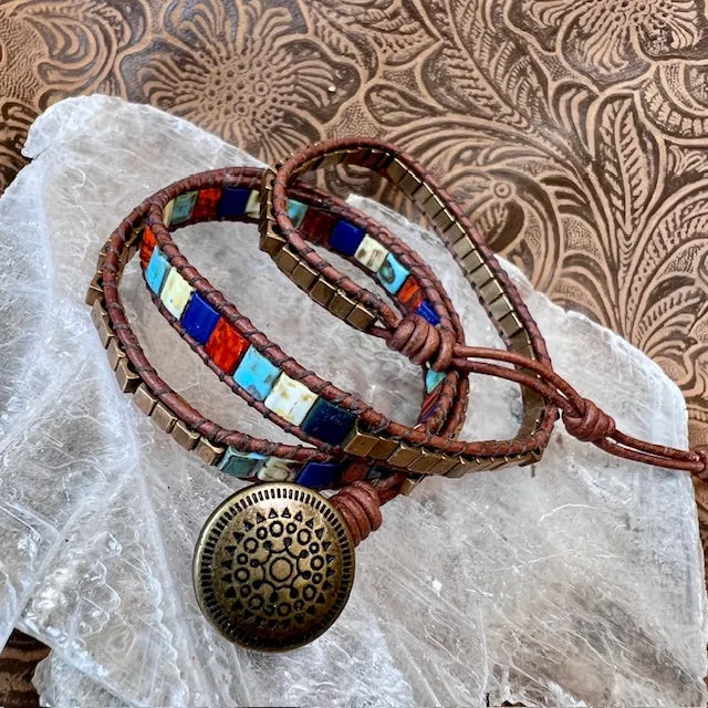 Triple wrap bracelet with brass beads