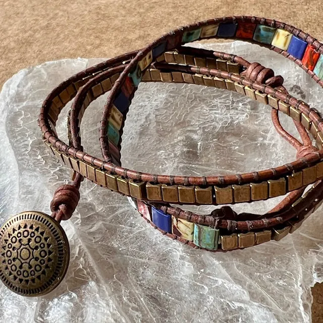 Triple wrap bracelet with brass beads