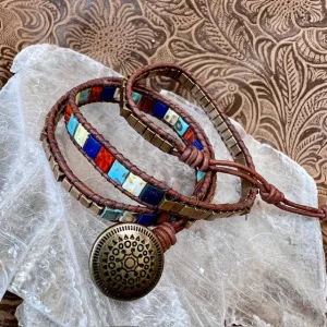 Triple wrap bracelet with brass beads