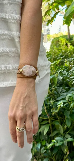 Triple Wrap Camel Leather Bracelet with Agathe Stone