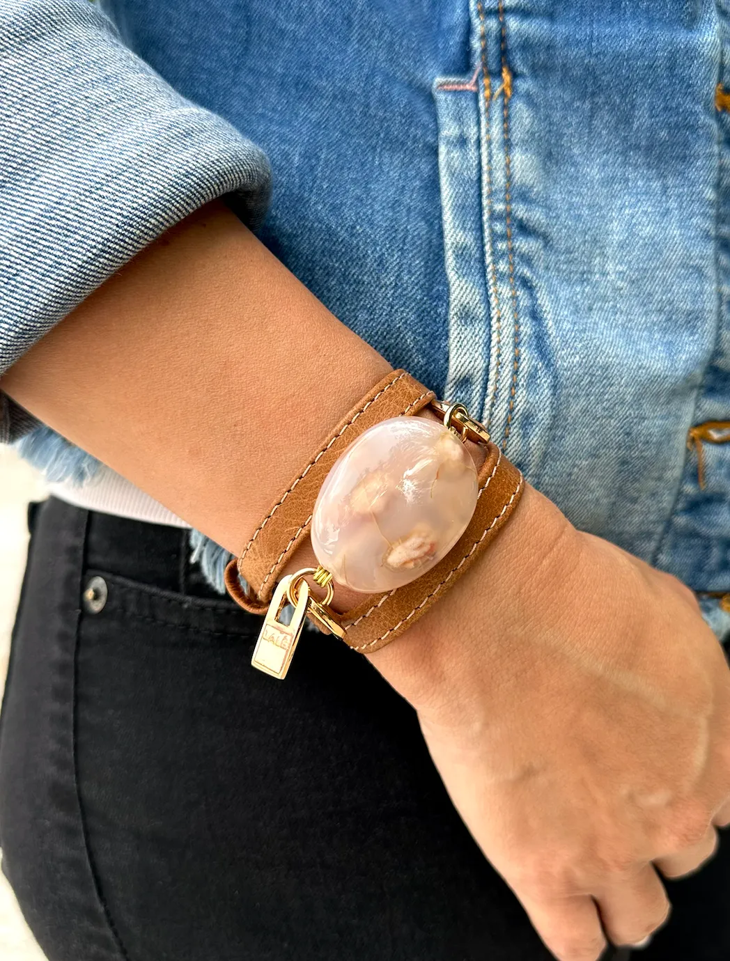 Triple Wrap Camel Leather Bracelet with Agathe Stone