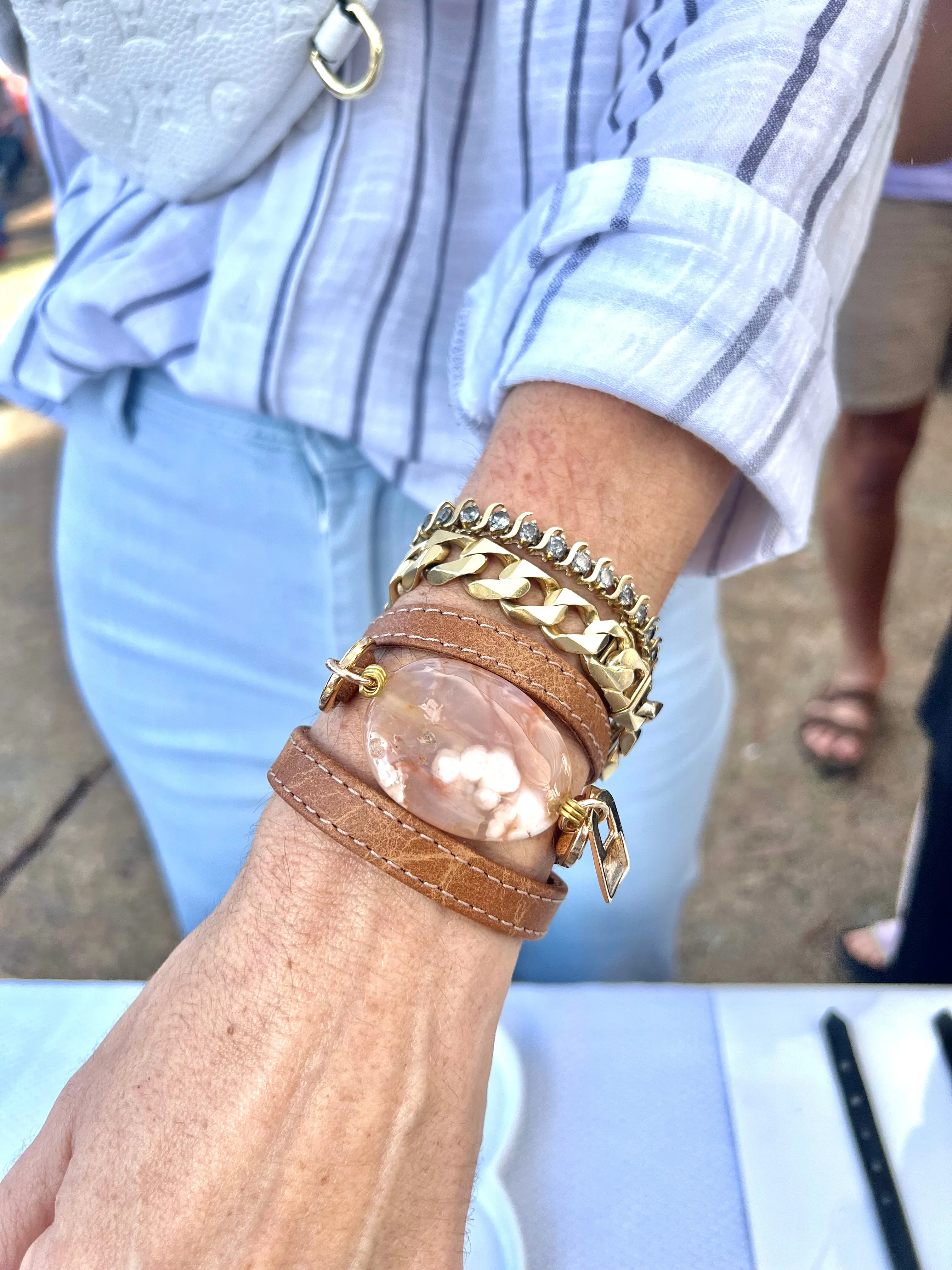 Triple Wrap Camel Leather Bracelet with Agathe Stone