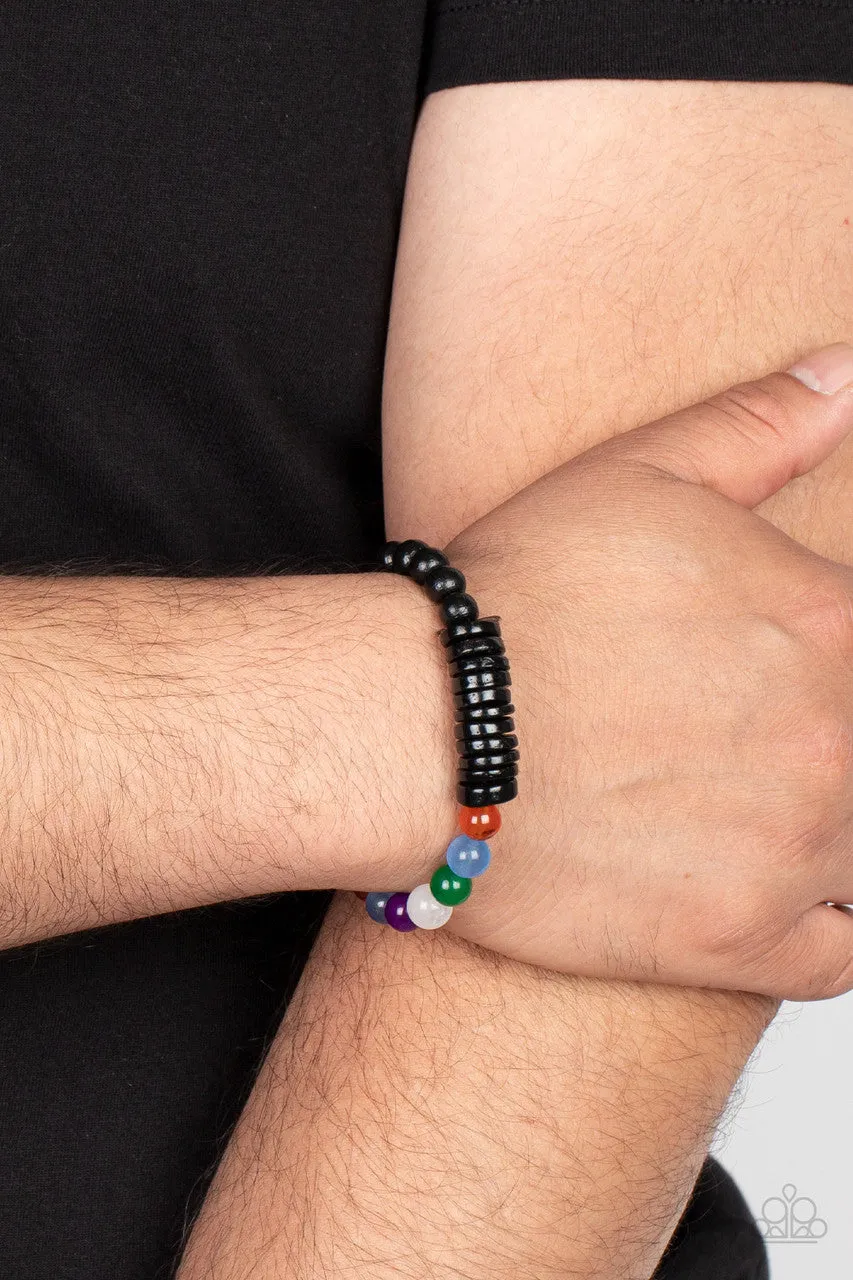 Tropical Kaleidoscope - Black - Wooden and Rainbow Glassy Bead Paparazzi Stretchy Bracelet
