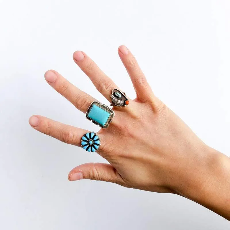 Turquoise Petit Point Floral Ring Size 7