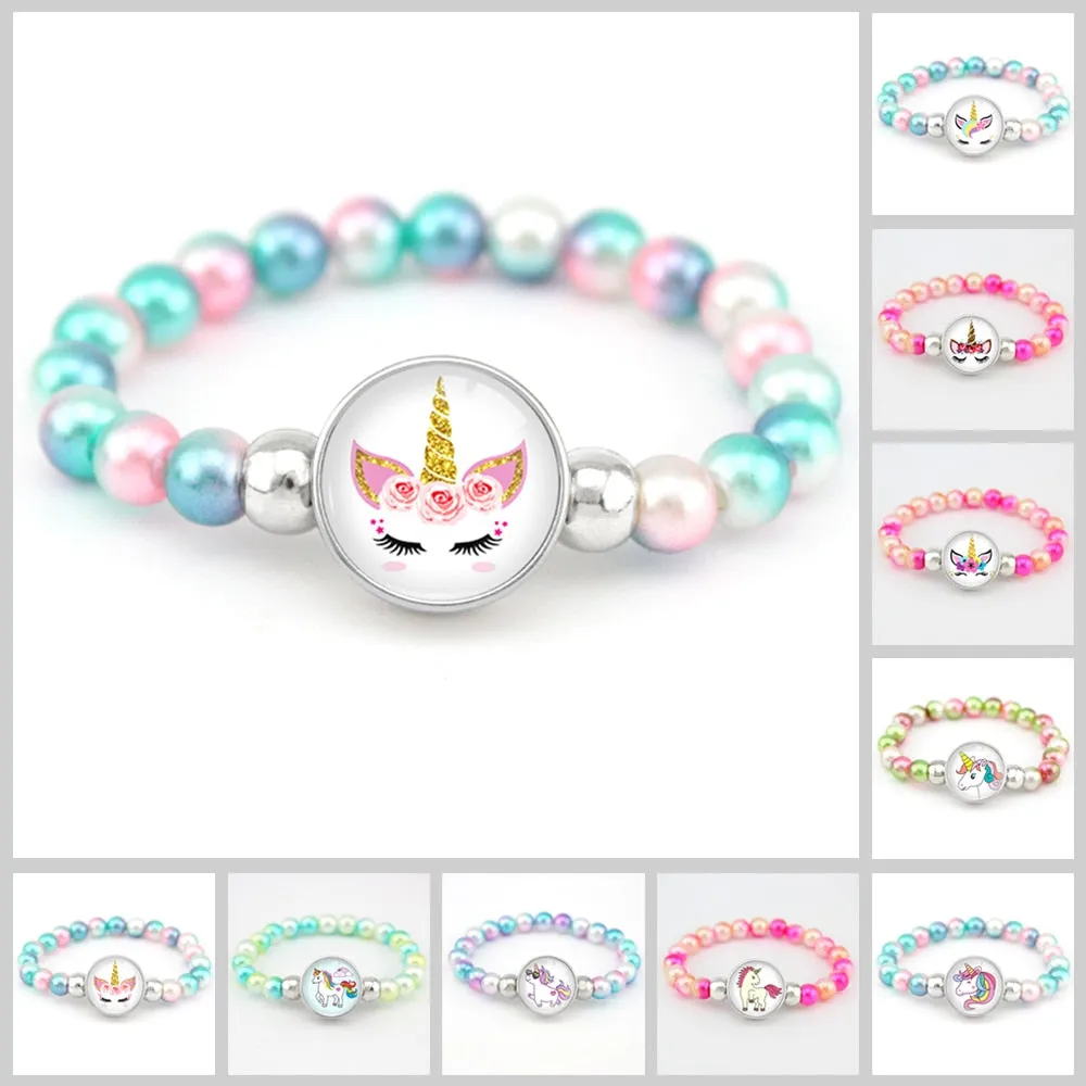 Unicorn Beads Bracelets 18mm Snap Holder Buttons Dome Cabochon Flamingos Charms Trendy Bracelets Girls Women Boy Jewelry Gift