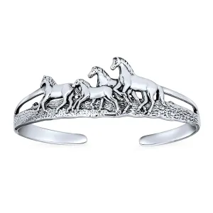 Unisex Equestrian Cuff Bracelet Running Horses Antiqued Sterling Silver Finish