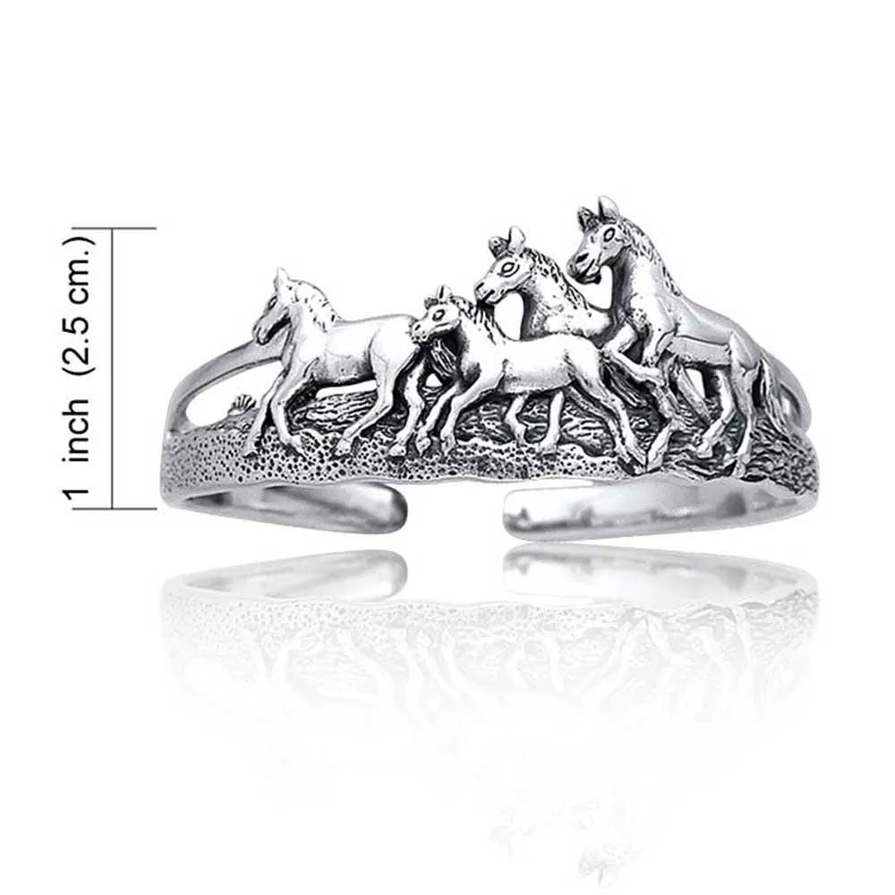 Unisex Equestrian Cuff Bracelet Running Horses Antiqued Sterling Silver Finish