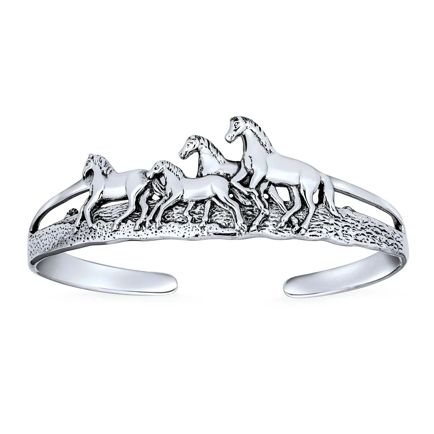Unisex Equestrian Cuff Bracelet Running Horses Antiqued Sterling Silver Finish