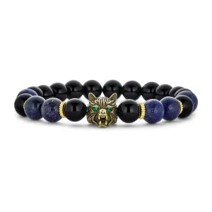Unisex Jungle Animal Stretch Bracelet with Onyx & Tiger Eye Beads Gold Plated